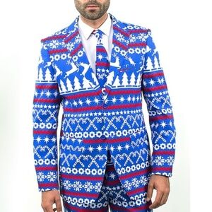 BRAVEMAN Blue White Ugly Christmas Suit Button Up Coat Jacket Size M/L